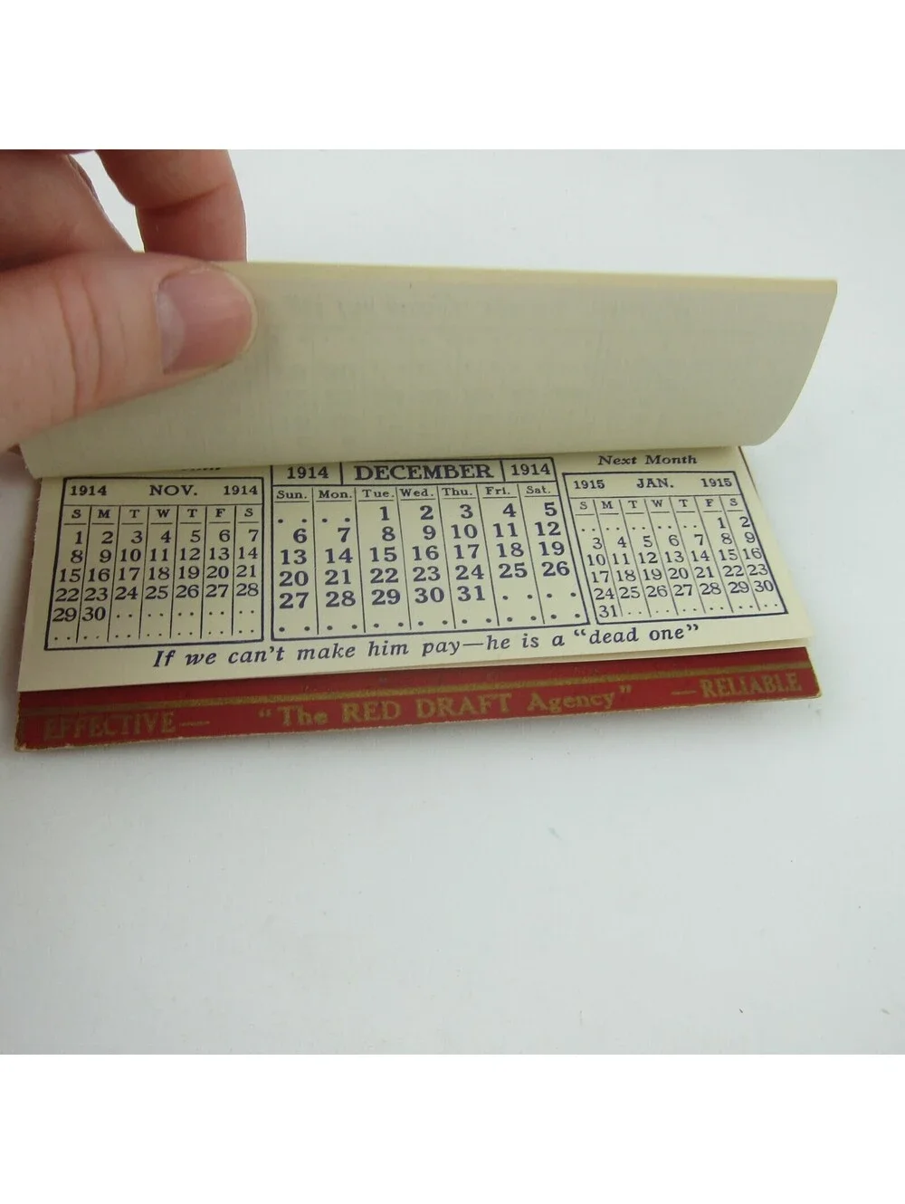 Antique 1914 Calendar Pad K. & M. Red Drafts Agency Debt Collection 4.75 x 2.5